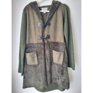 Oliver L Olive Green Faux Fur Sweater Coat Hooded Patchwork Boho Lagenlook